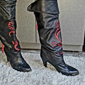 Black & Red Leather knee-high boots